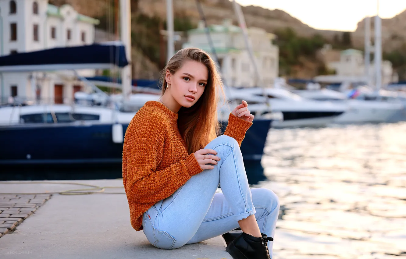 Photo wallpaper look, girl, pose, jeans, pier, sweater, Denis Lankin, Ksenia Glazko