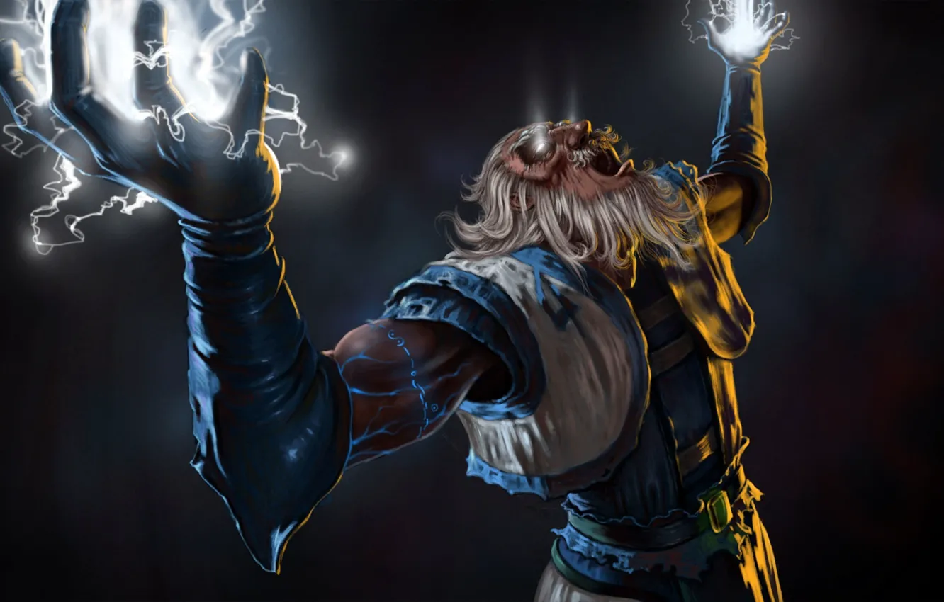 Photo wallpaper lightning, God, art, gray hair, Zeus, dota 2, Lord of Heaven