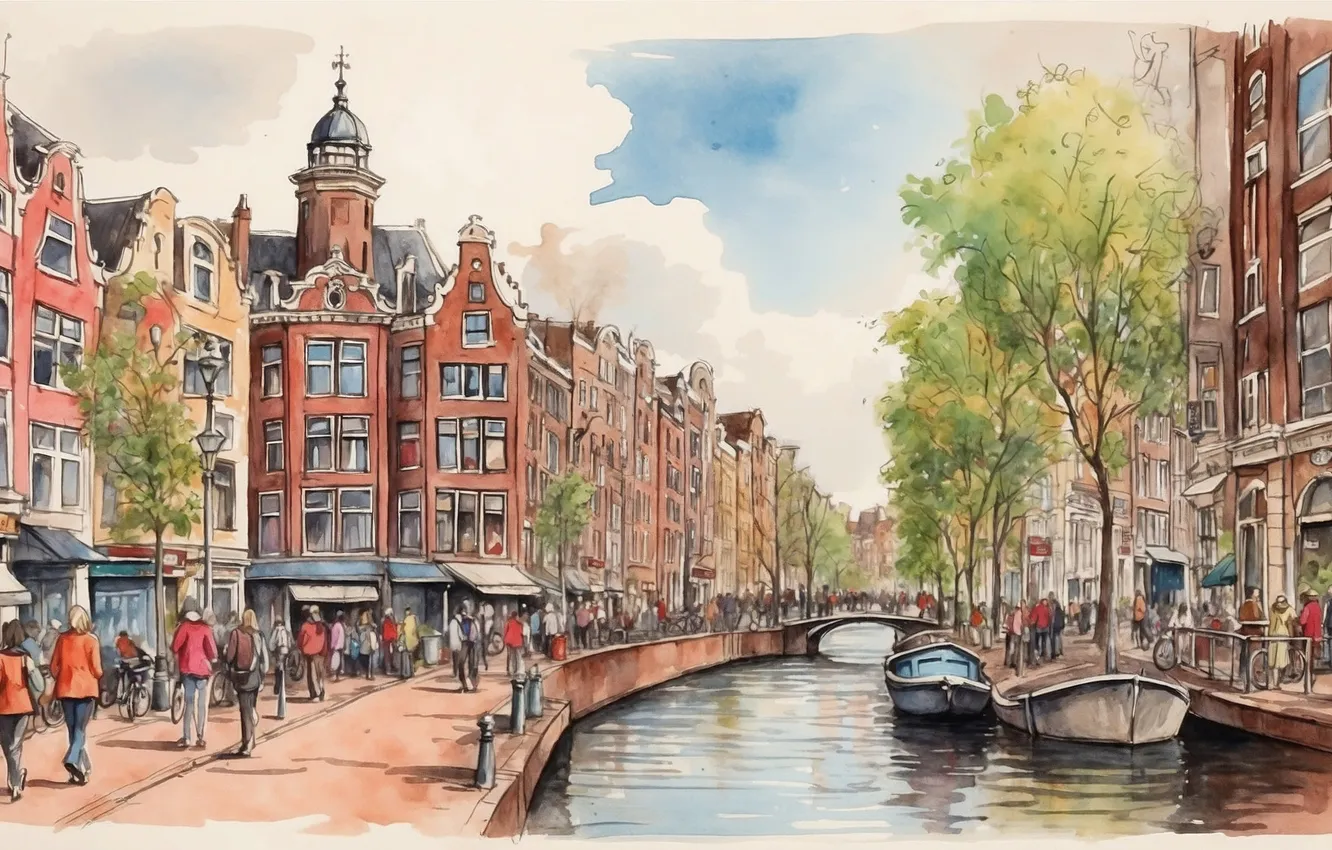 Photo wallpaper bridge, the city, river, building, AI art