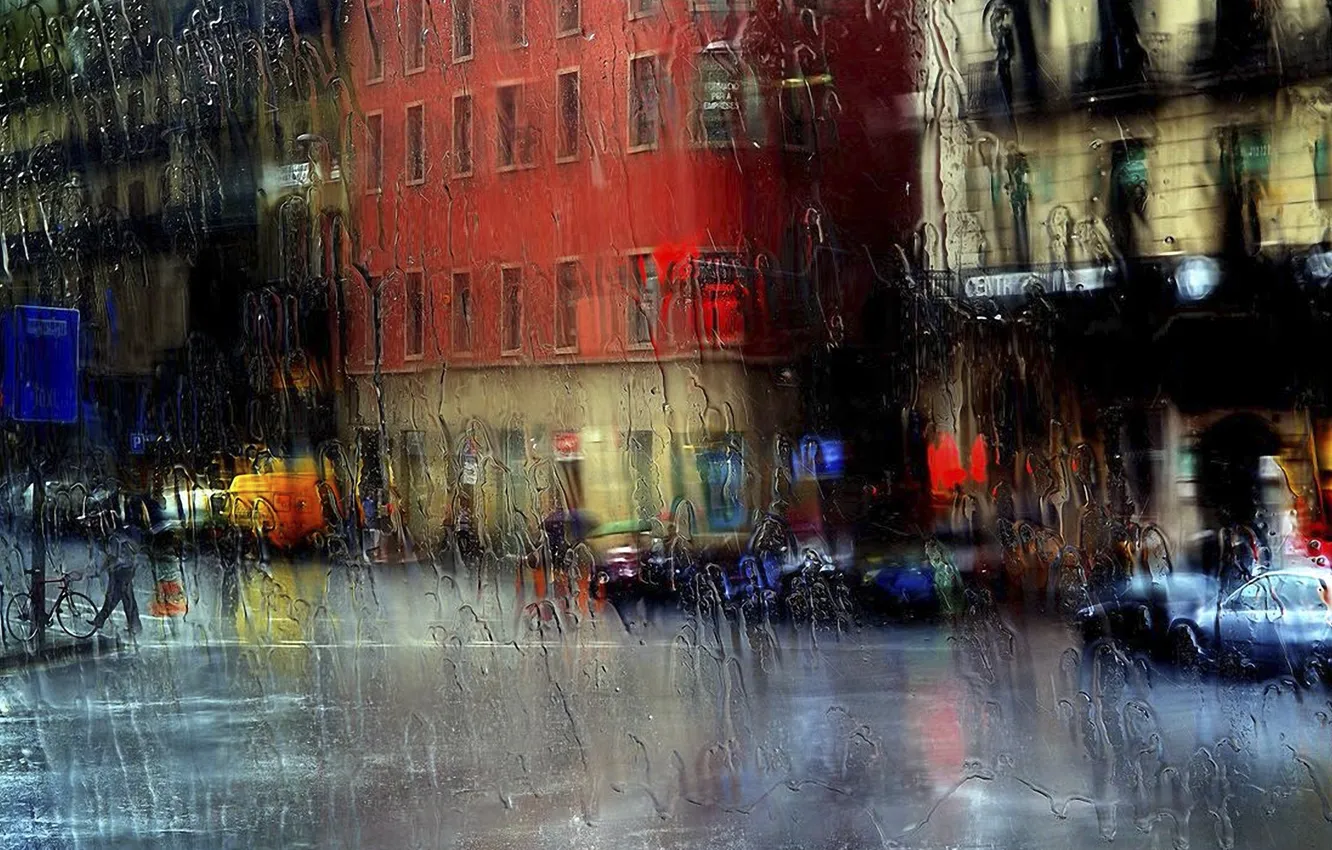 Photo wallpaper glass, the city, rain, street