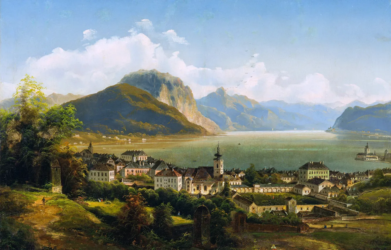 Photo wallpaper Home, Mountains, Lake, Picture, Johann Wilhelm Jankowski, Austrian-Czech artist, Johann Wilhelm Jankowski, View of Gmunden …