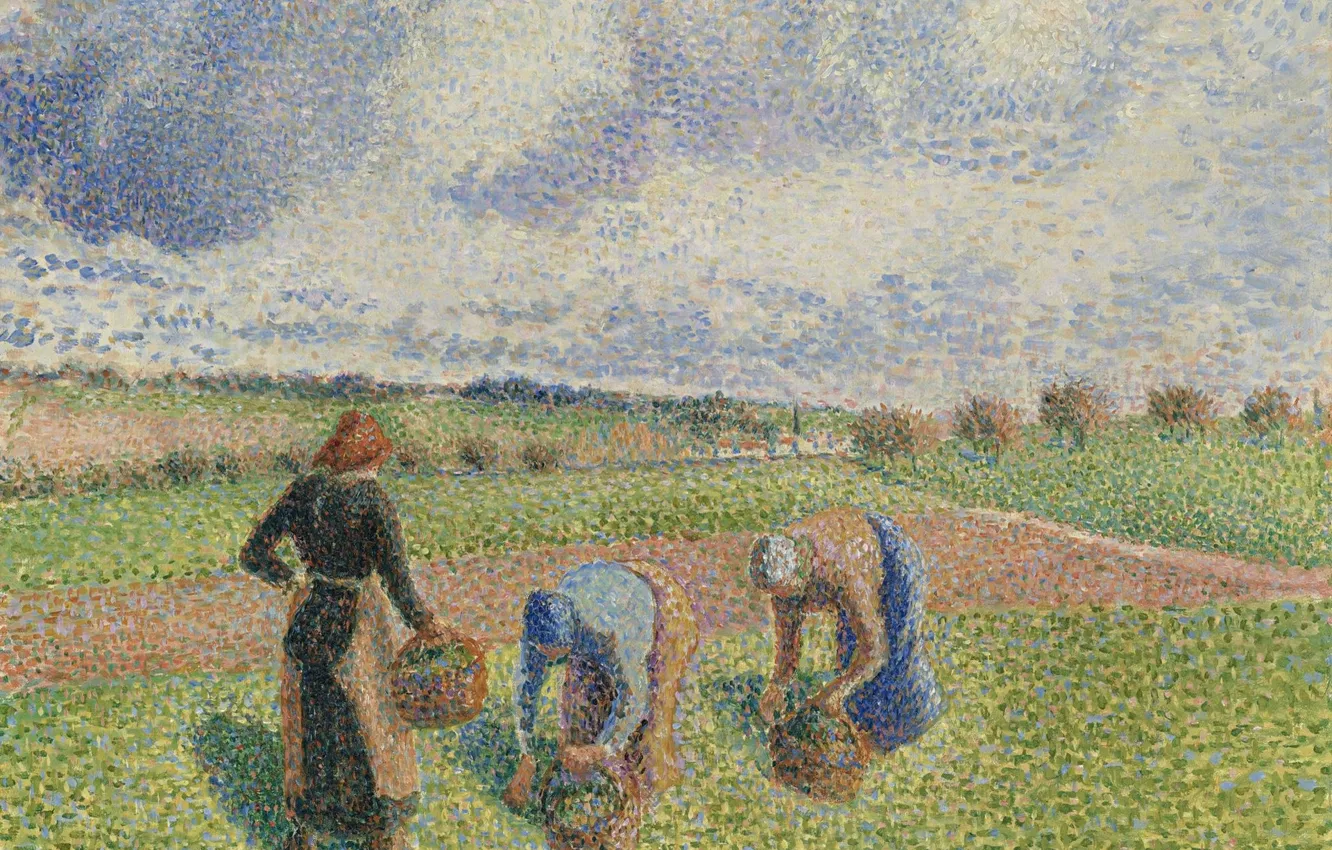 Photo wallpaper picture, genre, pointillism, Camille Pissarro, Farmers Harvest The Grass. Eragny