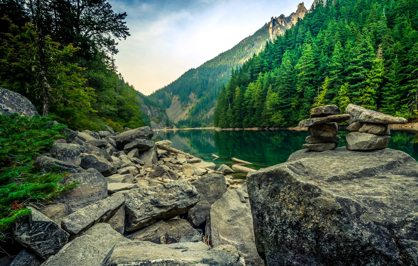 Photo wallpaper forest, trees, mountains, lake, stones, rocks, Canada, Chilliwack Provincial Park