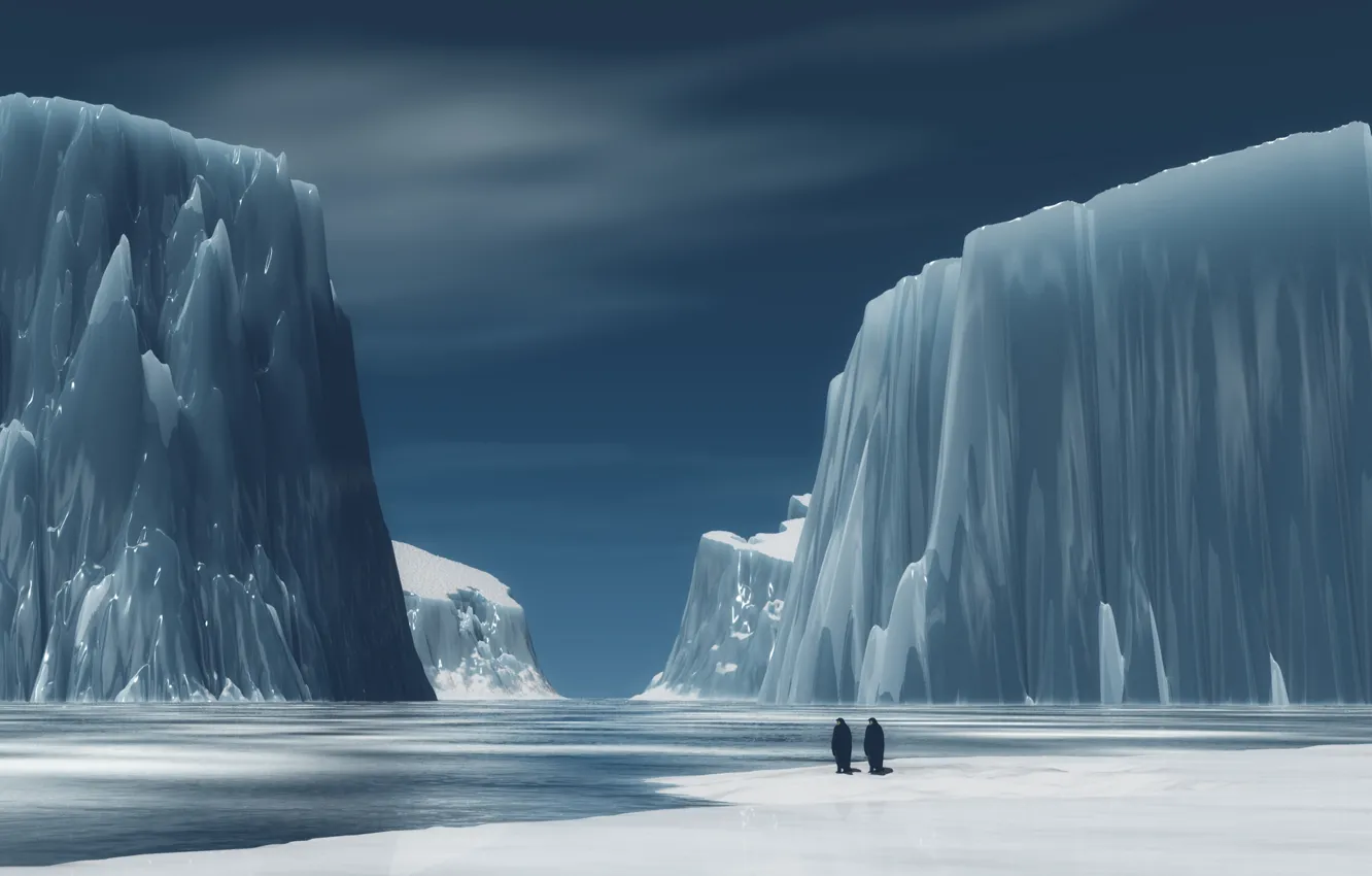 Photo wallpaper mountains, penguins, Ice