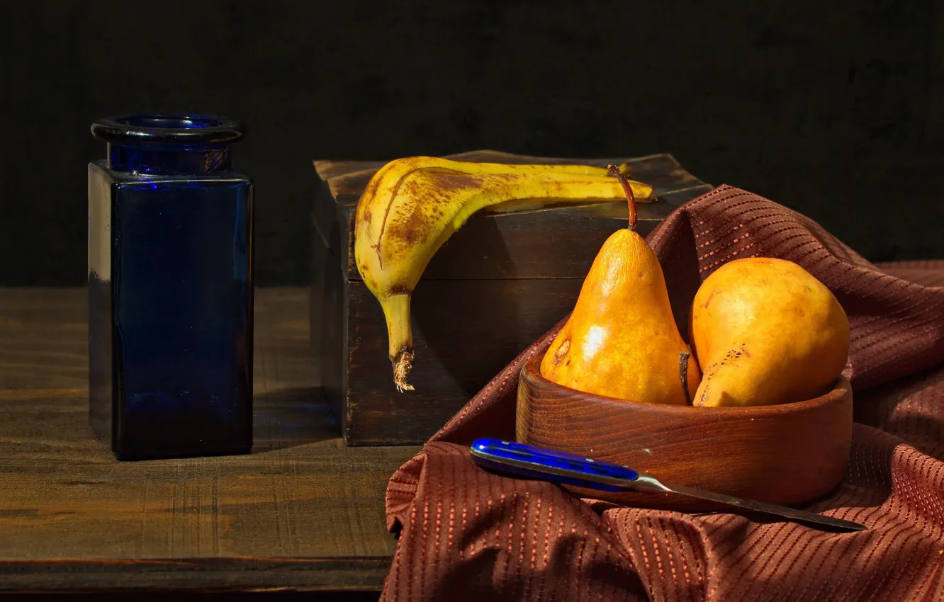 Photo wallpaper blue, yellow, style, the dark background, table, food, jars, knife