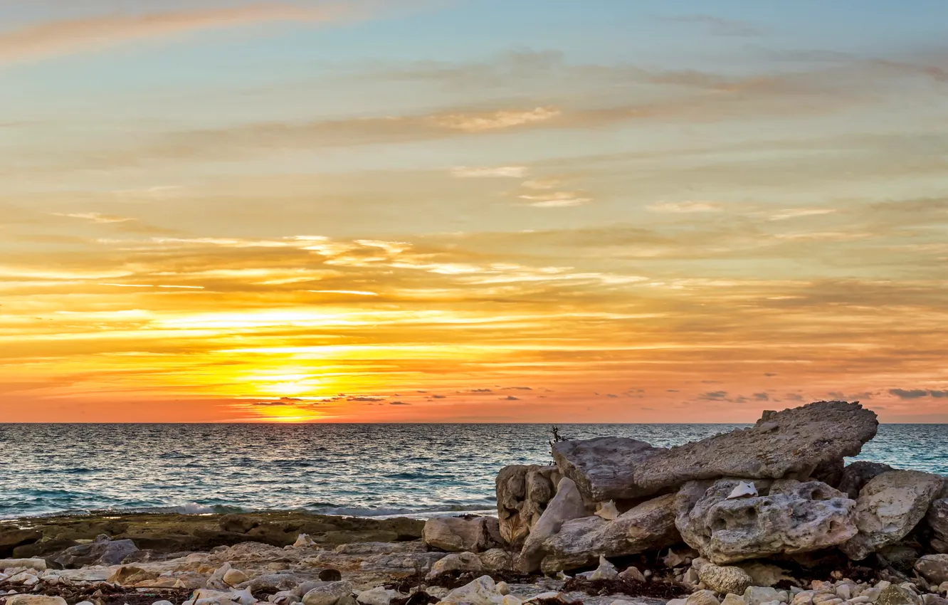 Photo wallpaper sea, the sky, clouds, sunset, stones, shore, horizon
