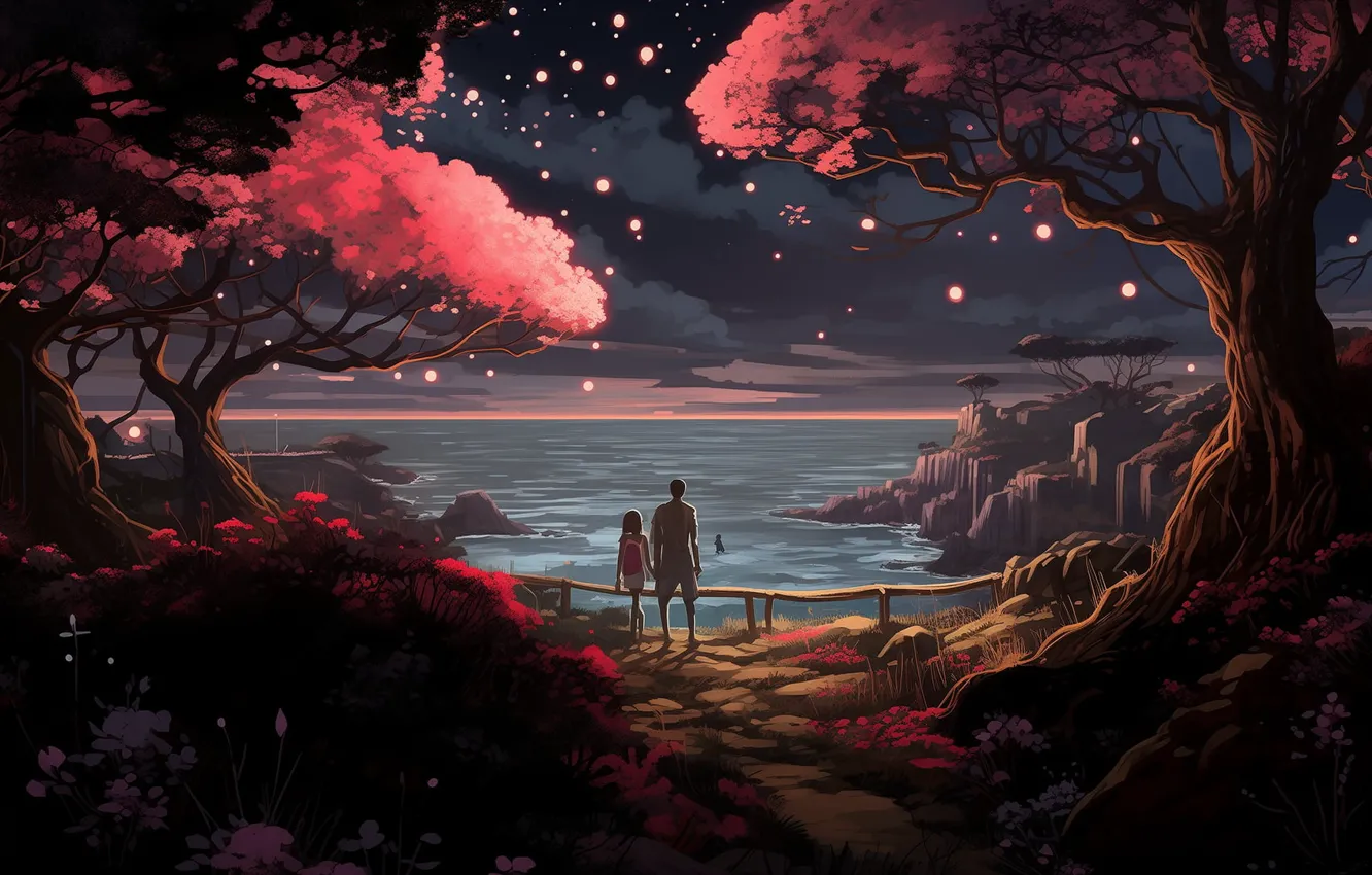 Photo wallpaper trees, landscape, night, flowers, people, japanese art, warm tones