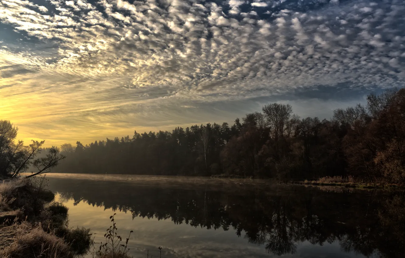 Photo wallpaper autumn, clouds, river, rasvet