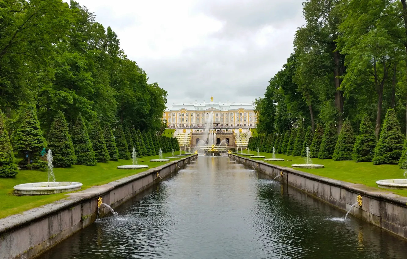 Photo wallpaper summer, Park, fountain, sculpture, Palace, tourists, Peterhof