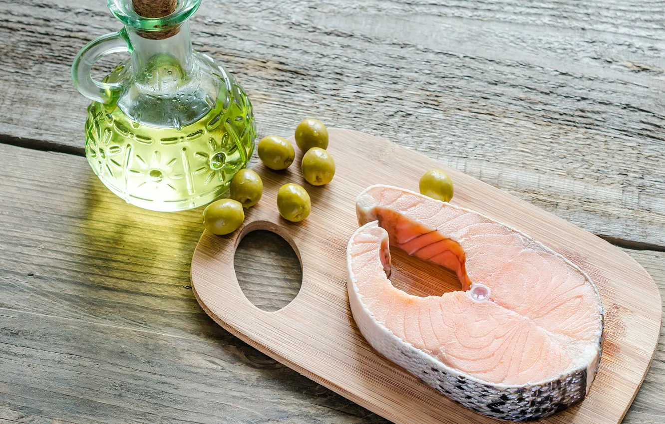 Photo wallpaper Board, fish, olives