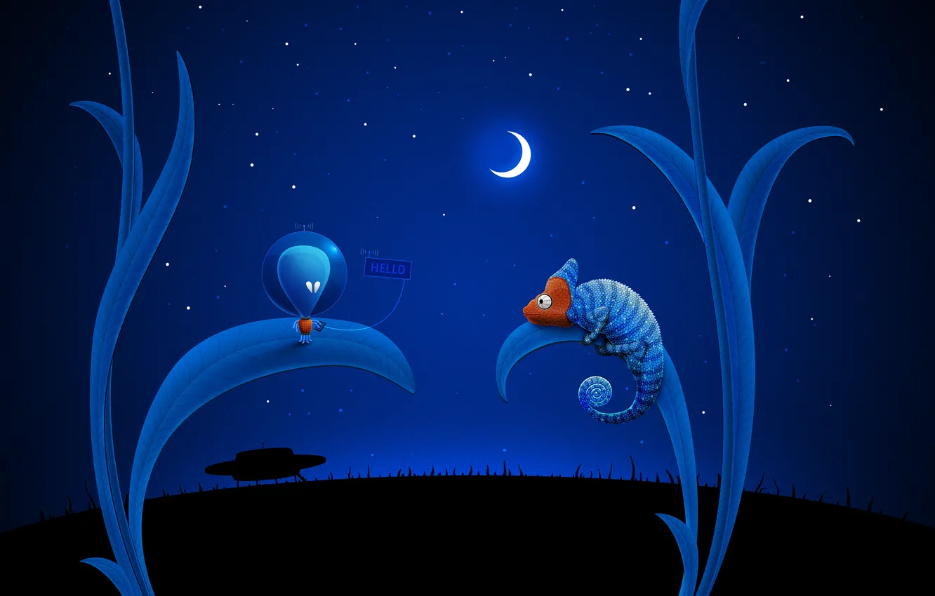 Photo wallpaper chameleon, the moon, UFO, Blue, alien