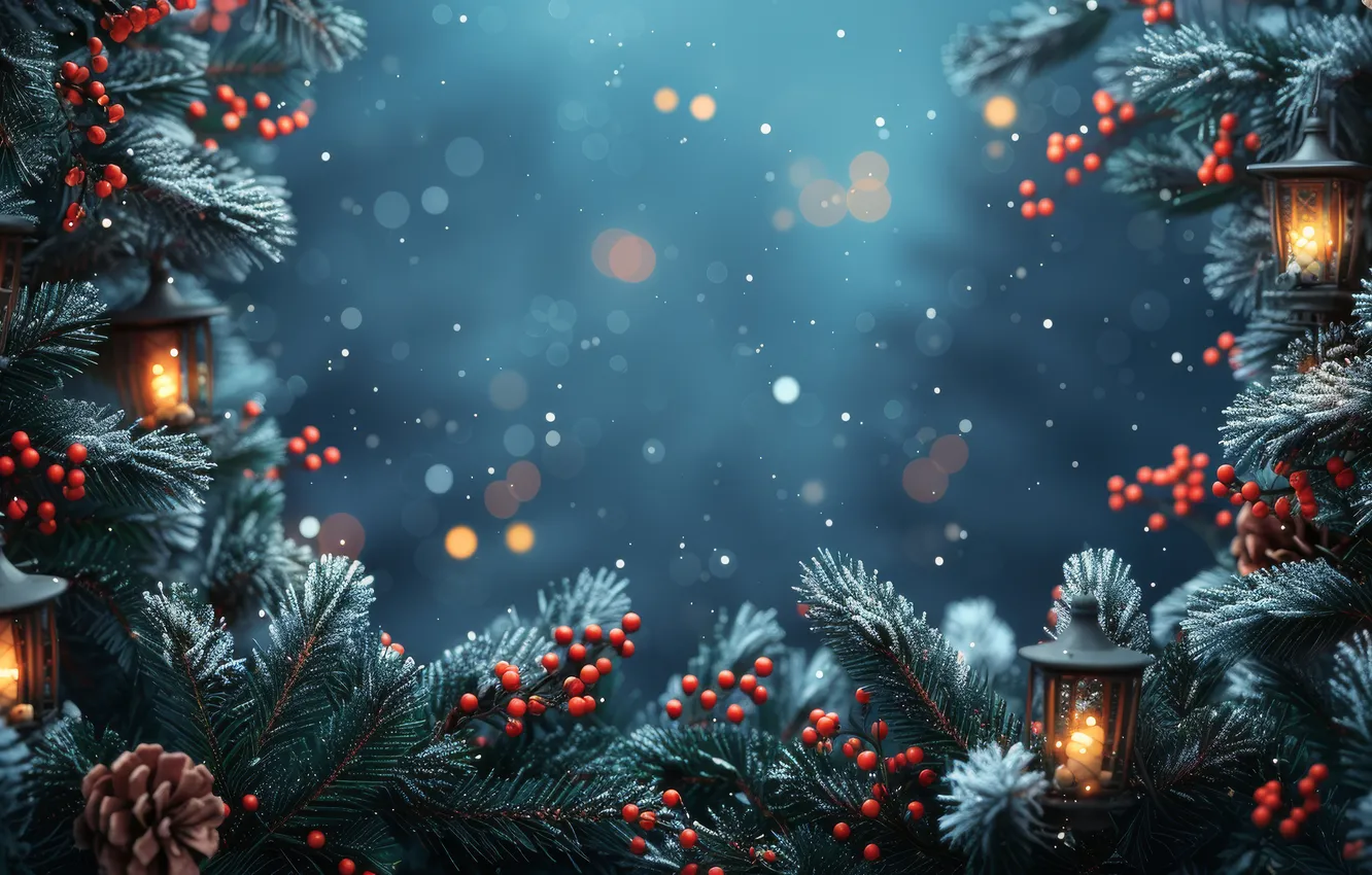 Photo wallpaper winter, snow, branches, lights, berries, texture, candles, fruit