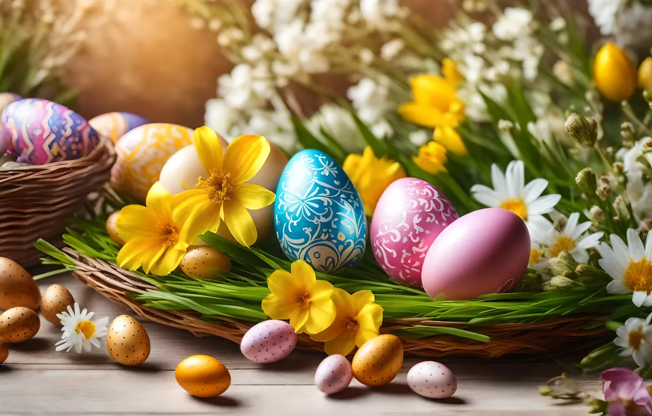 Photo wallpaper flowers, eggs, spring, colorful, Easter, flowers, spring, Easter