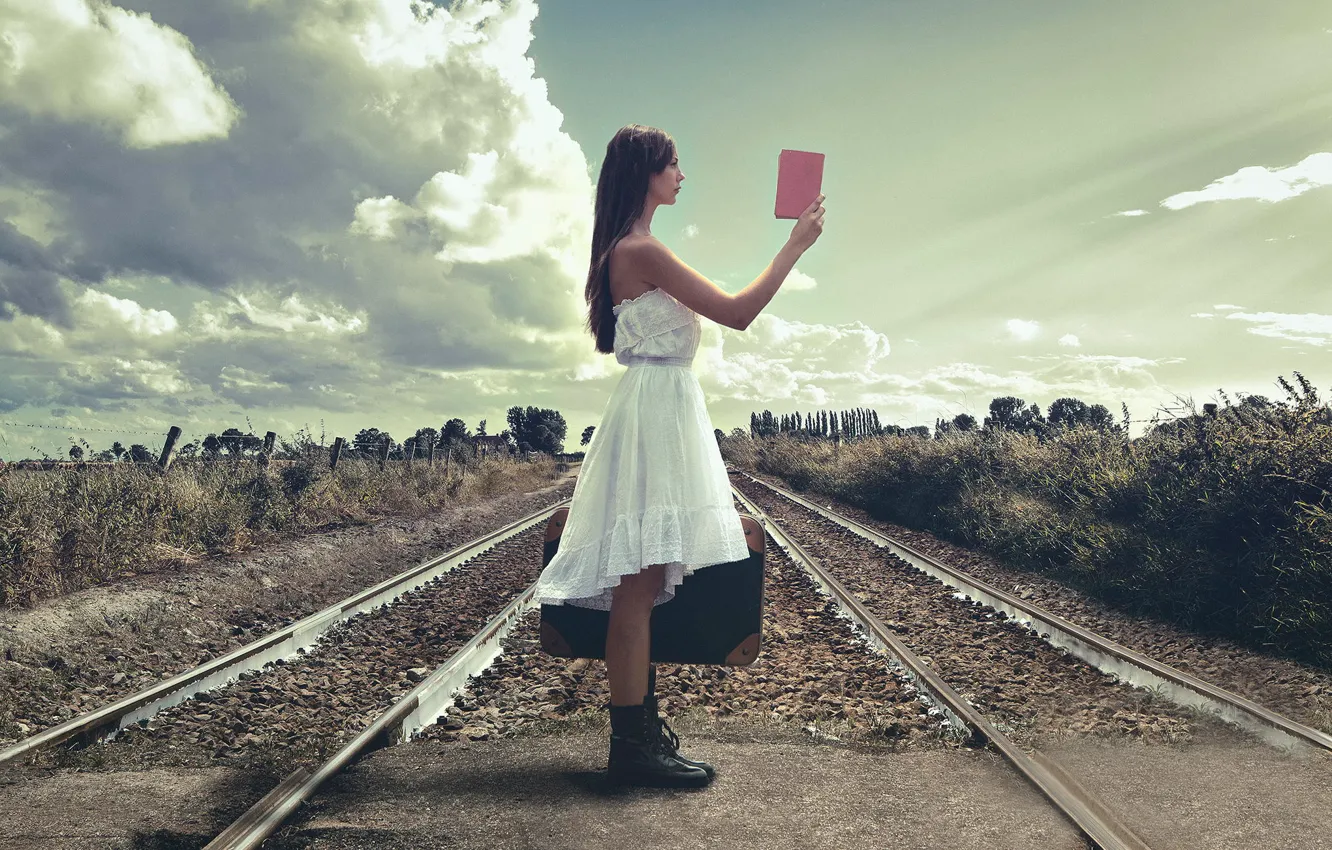 Photo wallpaper girl, rails, railroad, suitcase, guide