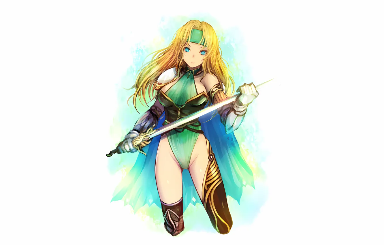 Photo wallpaper girl, sword, sexy, Final Fantasy, cleavage, thighhighs, green eyes, long hair