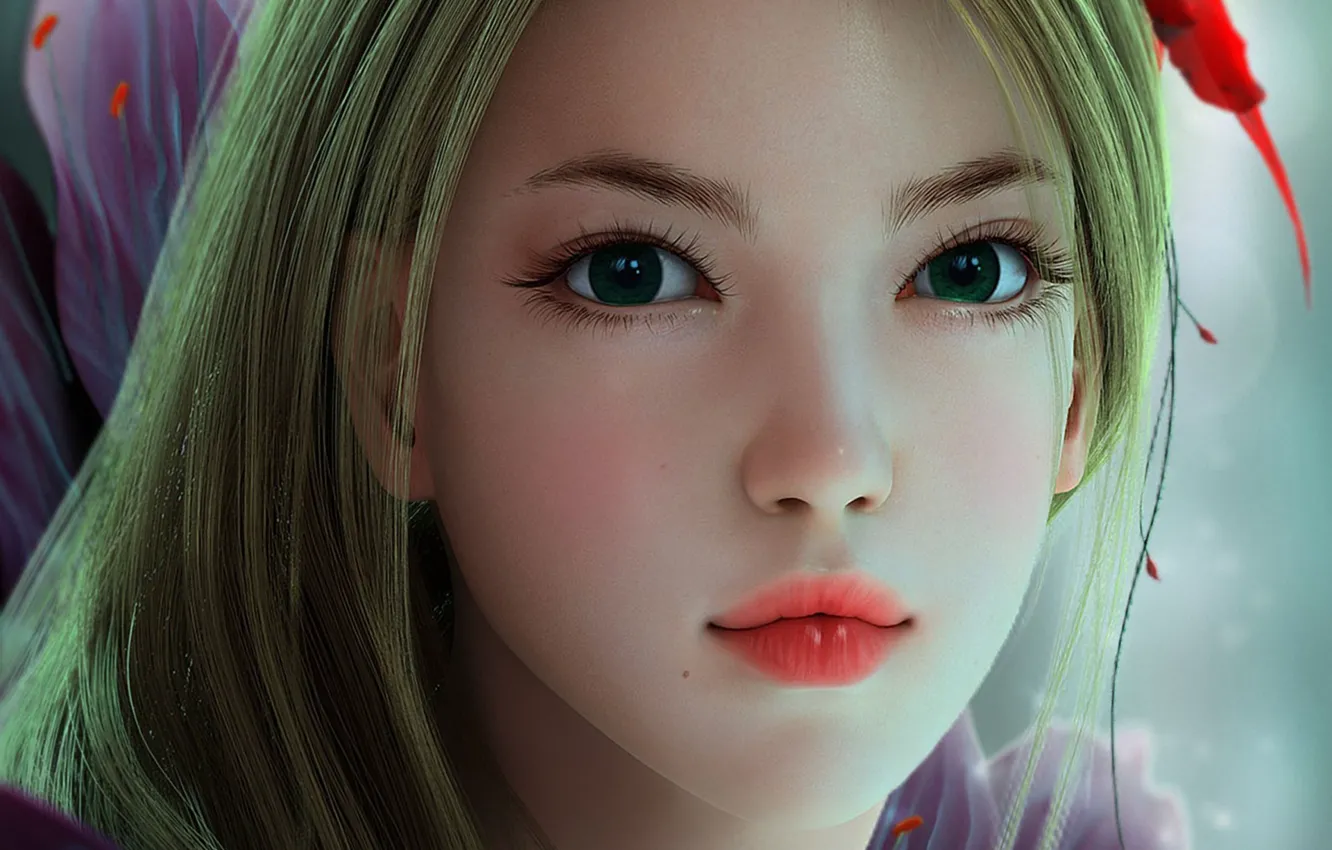 Photo wallpaper look, girl, flowers, face, art