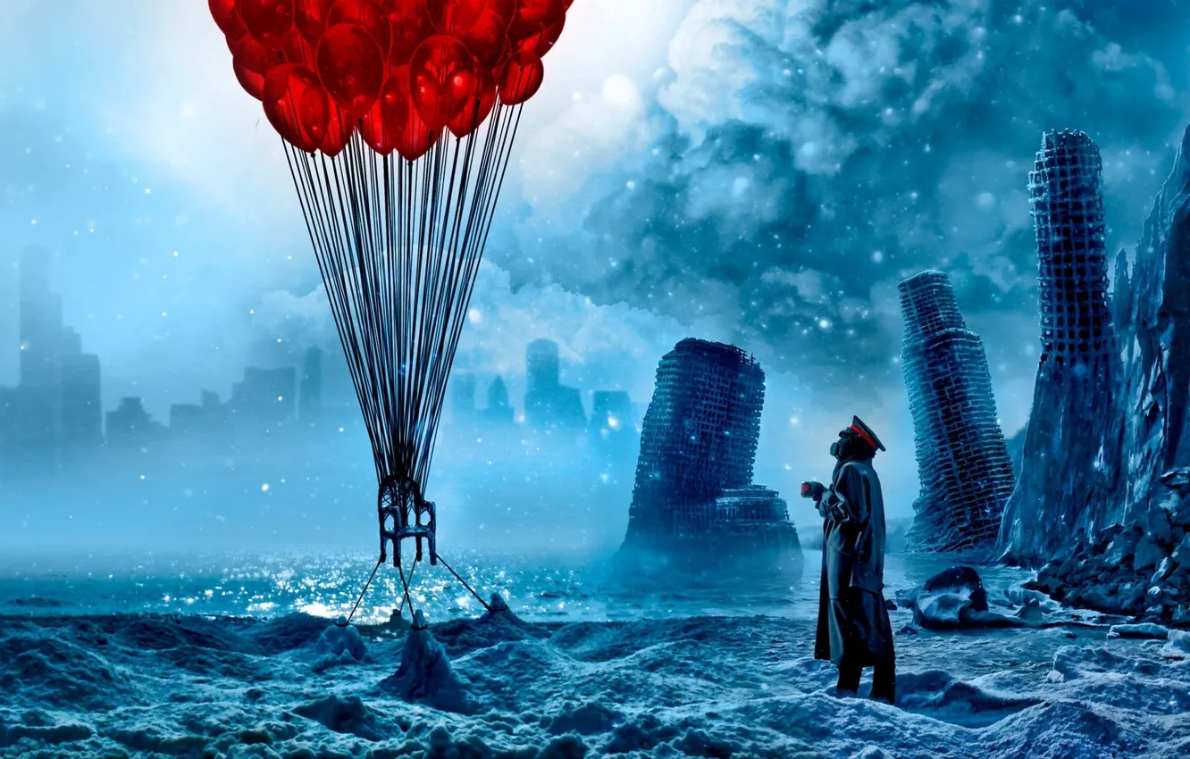 Photo wallpaper sea, clouds, snow, the city, balloons, ice, art, chair