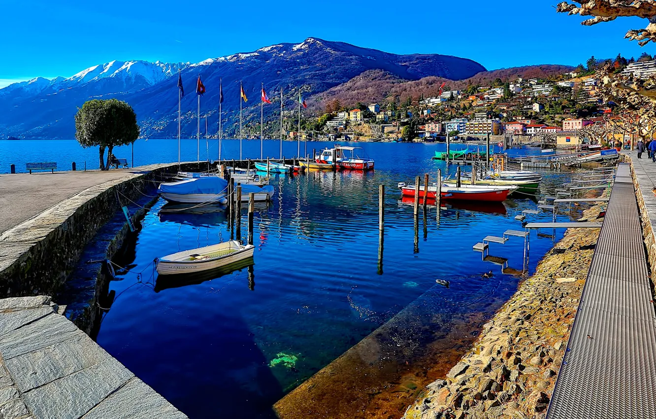 Photo wallpaper the sky, landscape, mountains, lake, boat, home, yacht, Switzerland