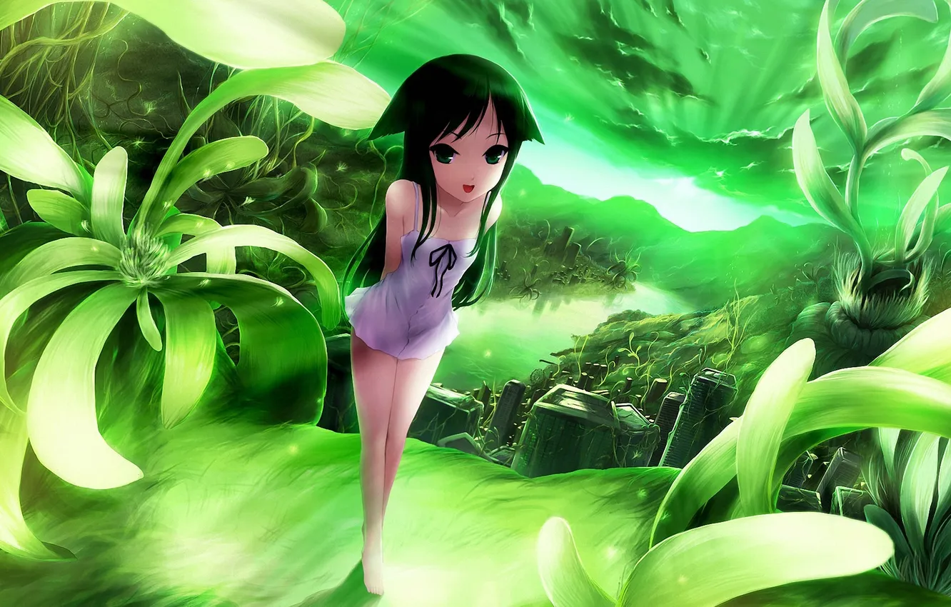 Photo wallpaper greens, the city, river, plant, art, girl, ears, saya no uta