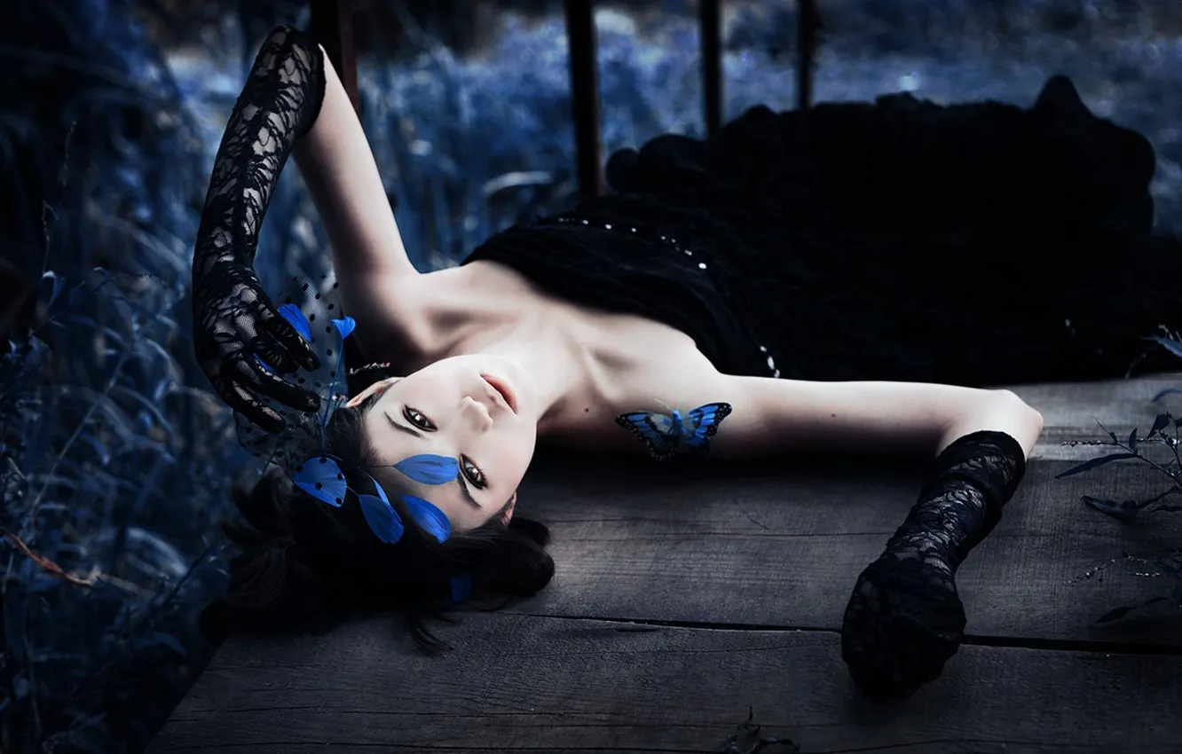 Photo wallpaper girl, feathers, dress, brunette, gloves, beautiful girl