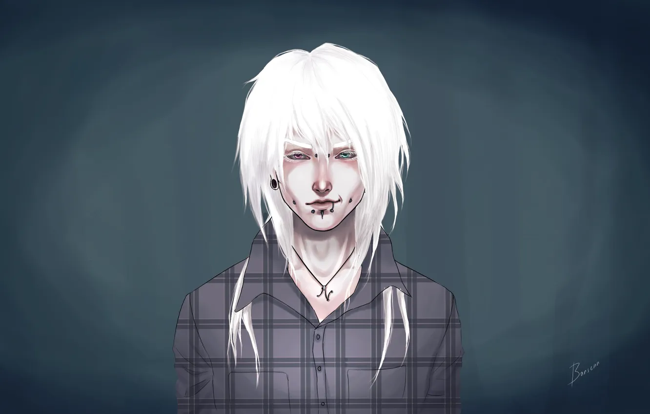 Photo wallpaper piercing, guy, white hair, albino, different eyes