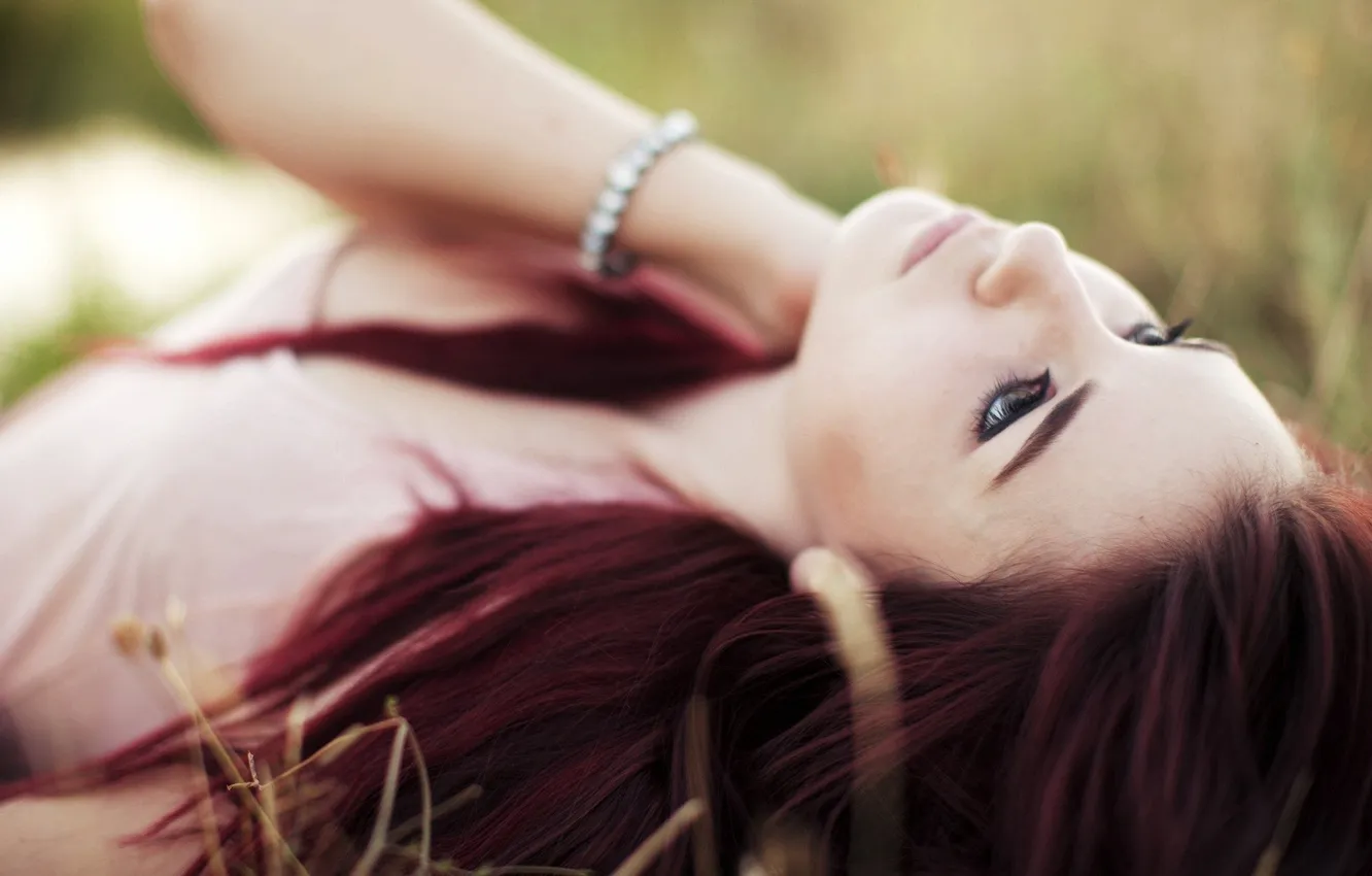 Photo wallpaper grass, look, girl, lies, TOSHA