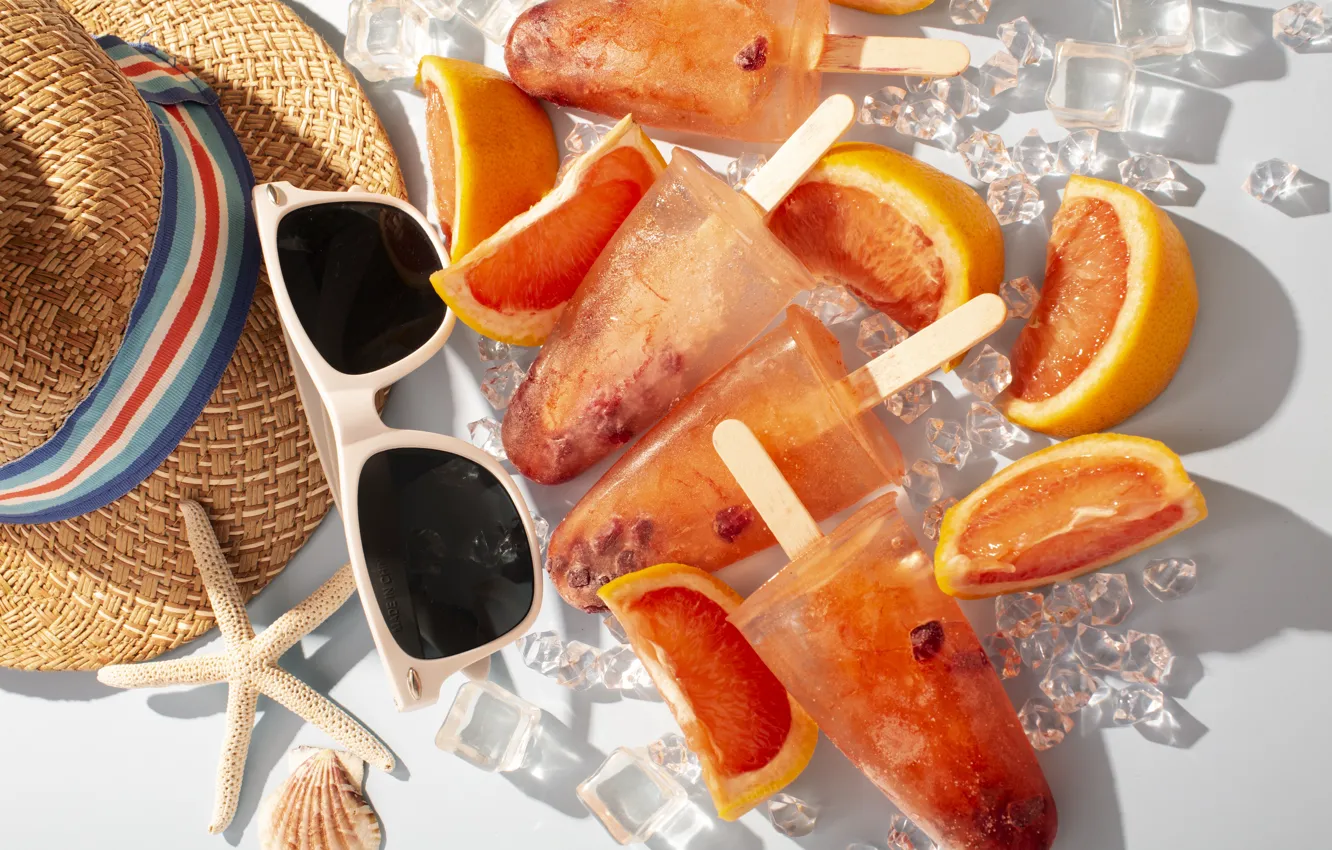 Photo wallpaper summer, light, orange, shadow, hat, ice cream, white background, shell