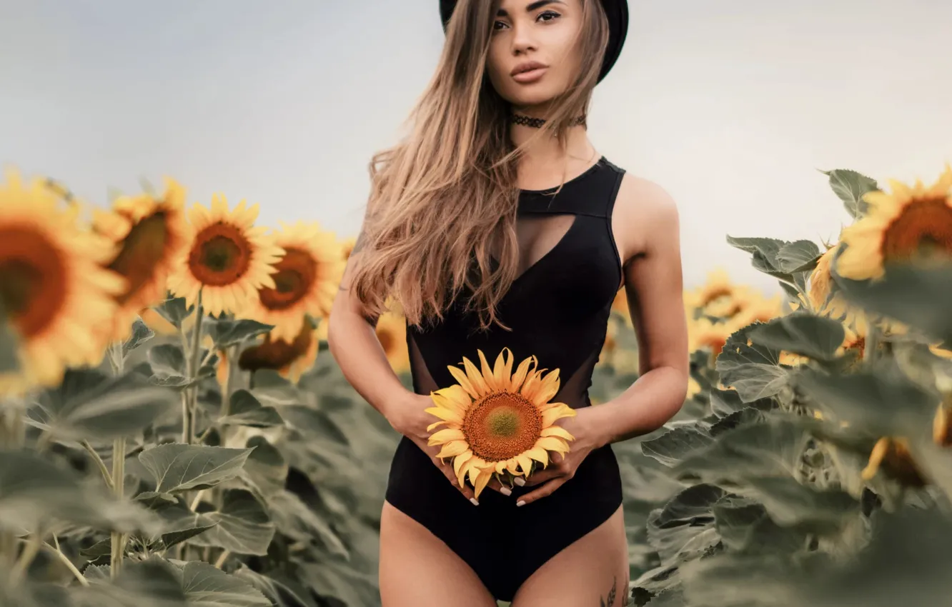 Photo wallpaper girl, sunflowers, figure, tattoo, Kalisa Marcenco