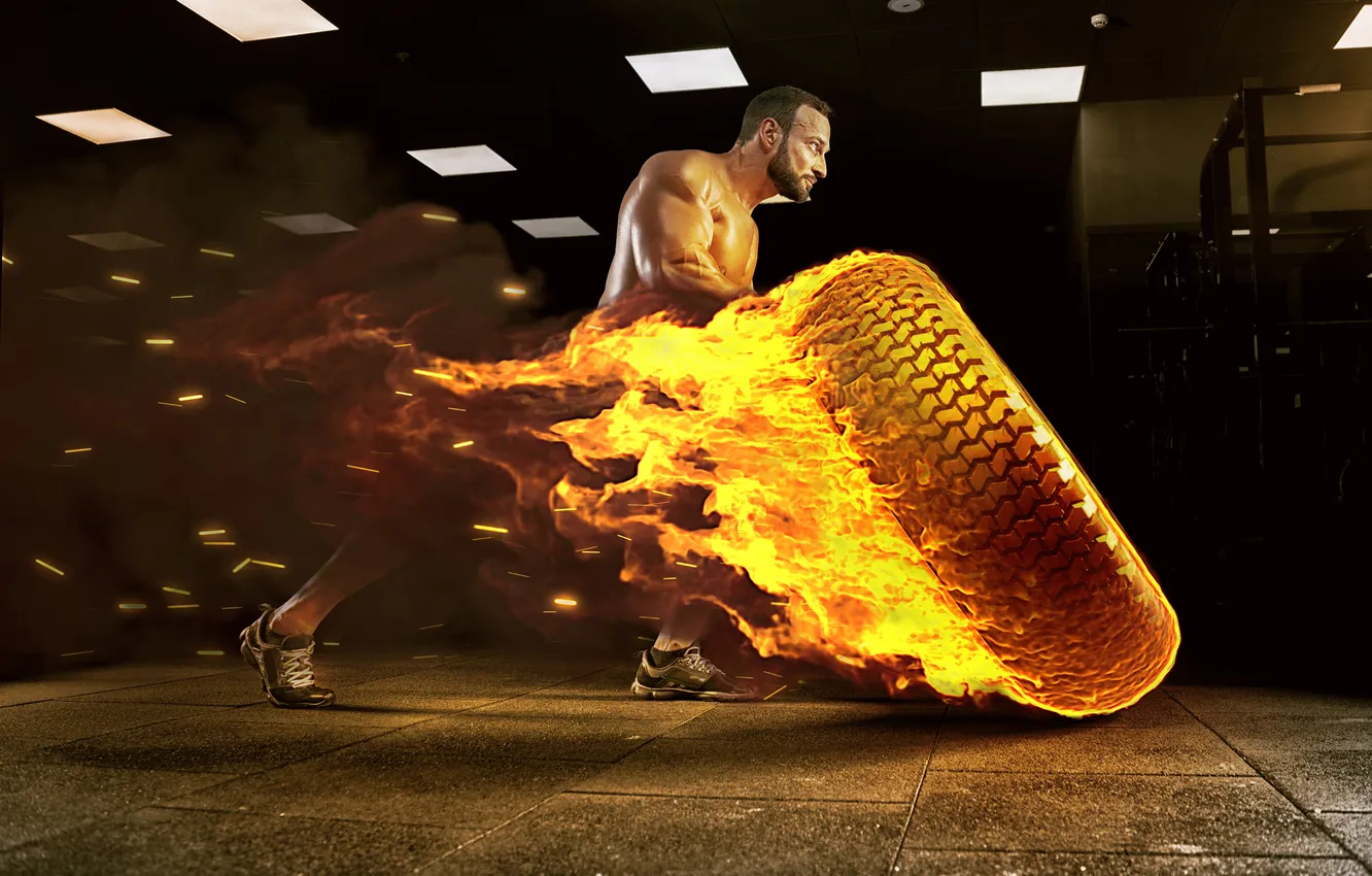Photo wallpaper fire, exercise, handsome, fitness, gym, equipment, healthy, health