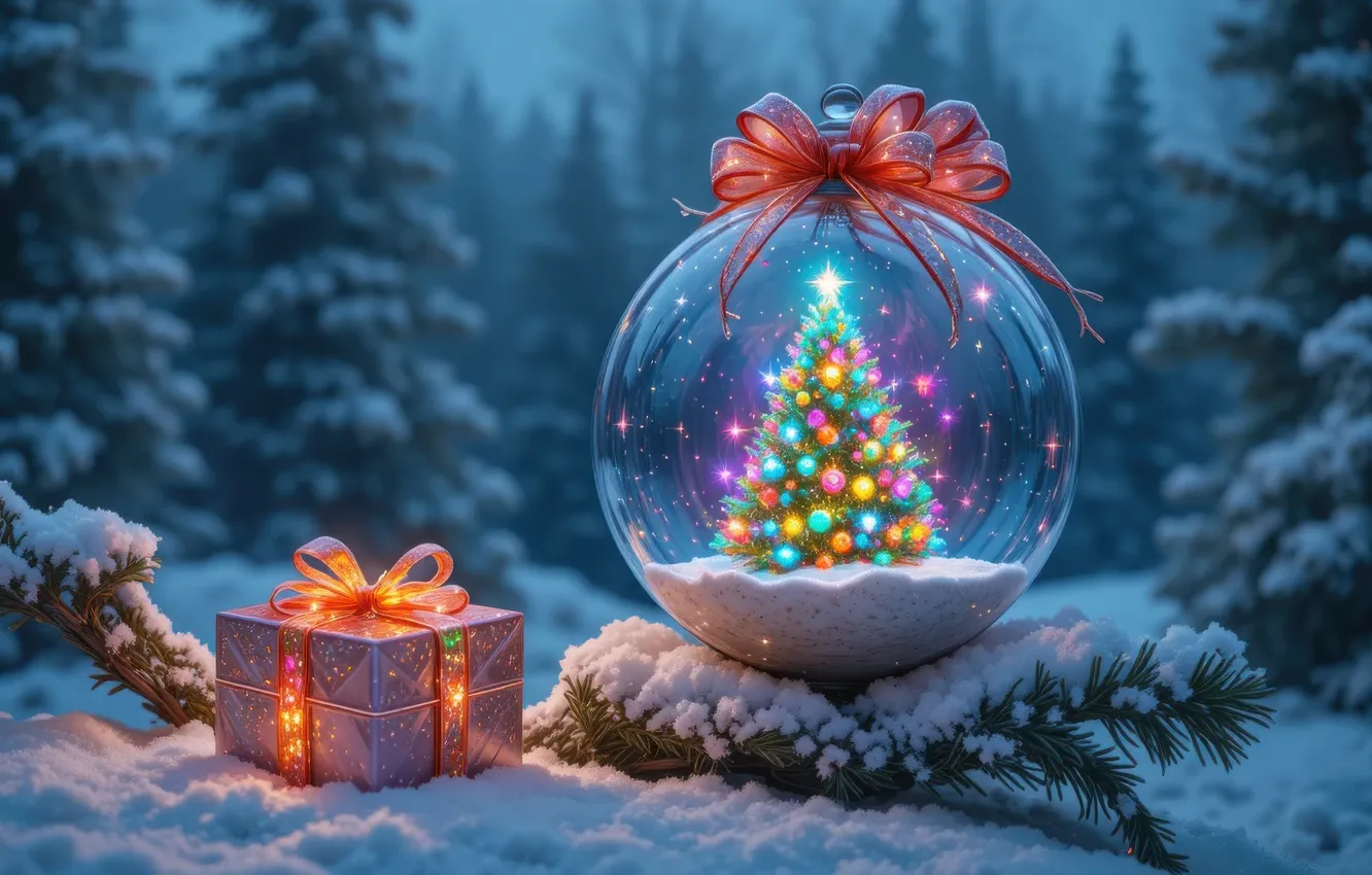 Photo wallpaper winter, frost, forest, light, snow, branches, lights, transparent