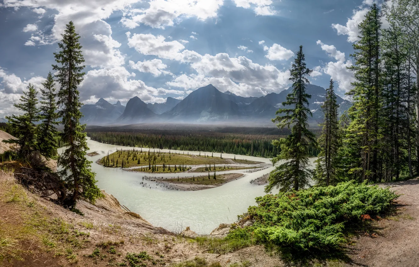 Photo wallpaper clouds, mountains, river, Canada, Albert