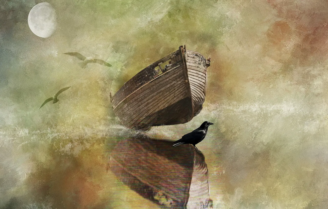 Photo wallpaper style, bird, the moon, boat