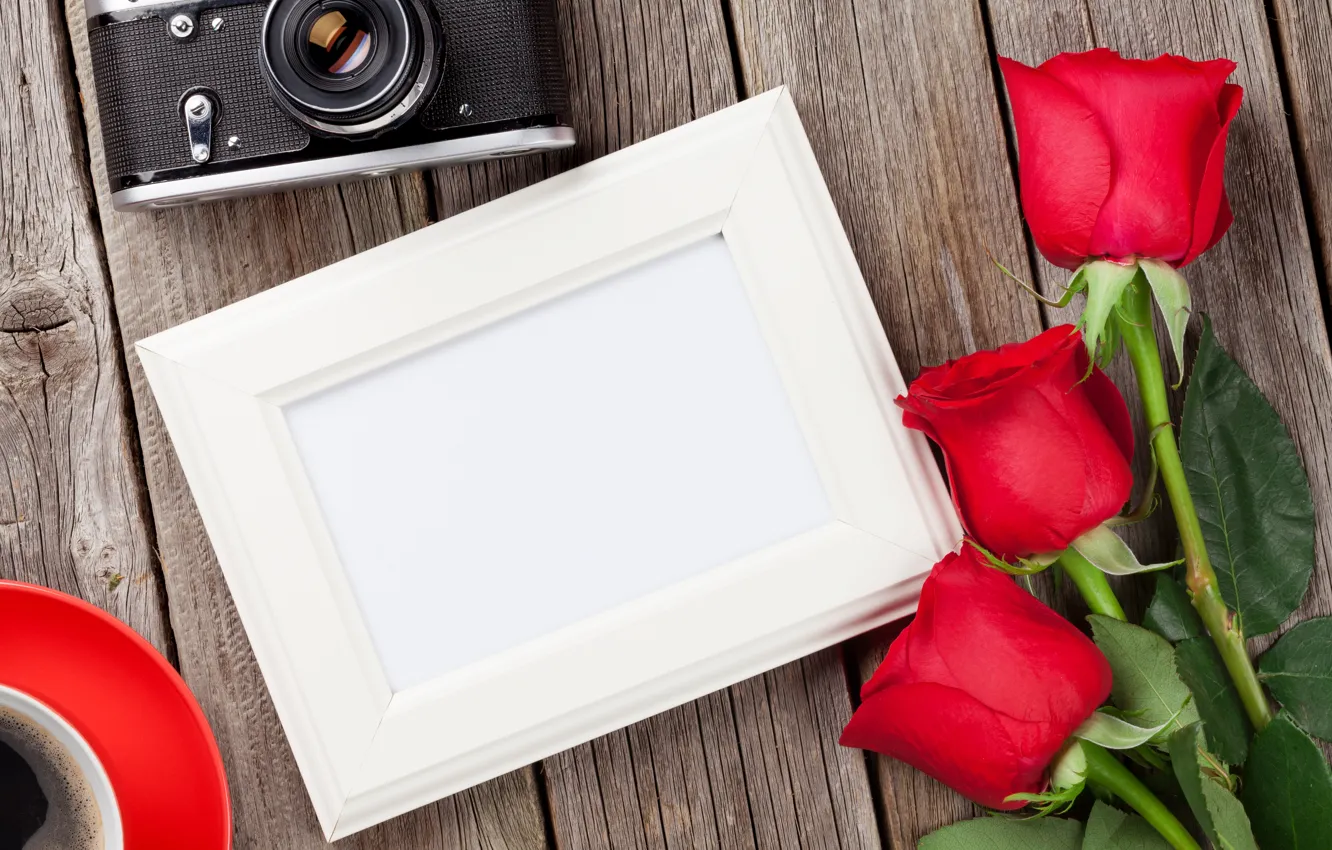 Photo wallpaper love, flowers, coffee, roses, bouquet, camera, frame, red