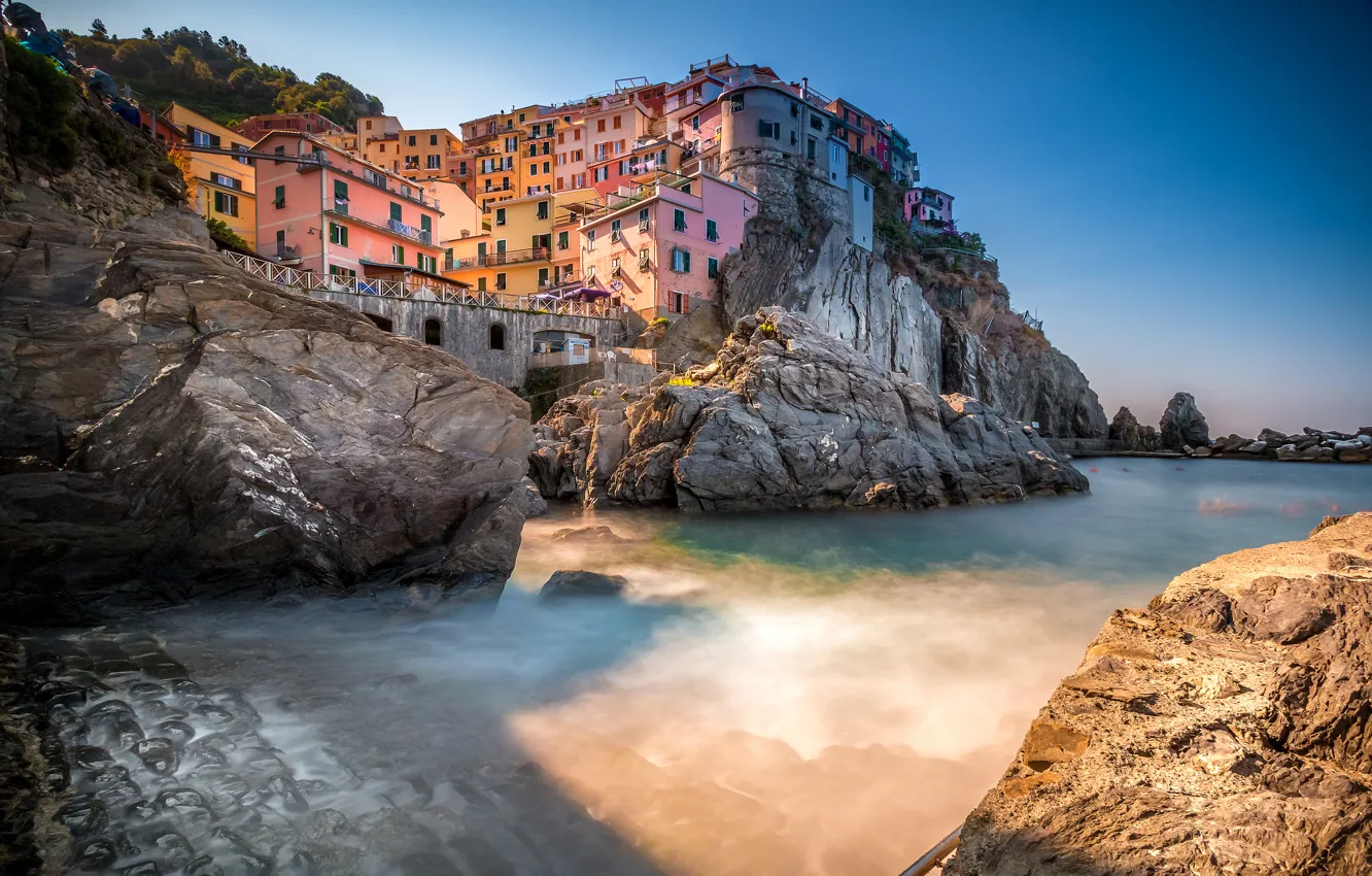 Photo wallpaper sea, rocks, home, Italy, Manarola, Cinque Terre, The Ligurian coast