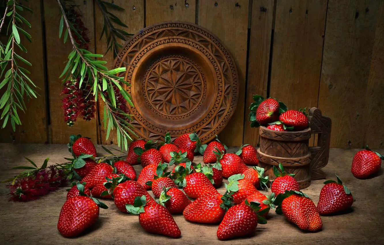 Photo wallpaper berries, strawberry, plate, mug, still life