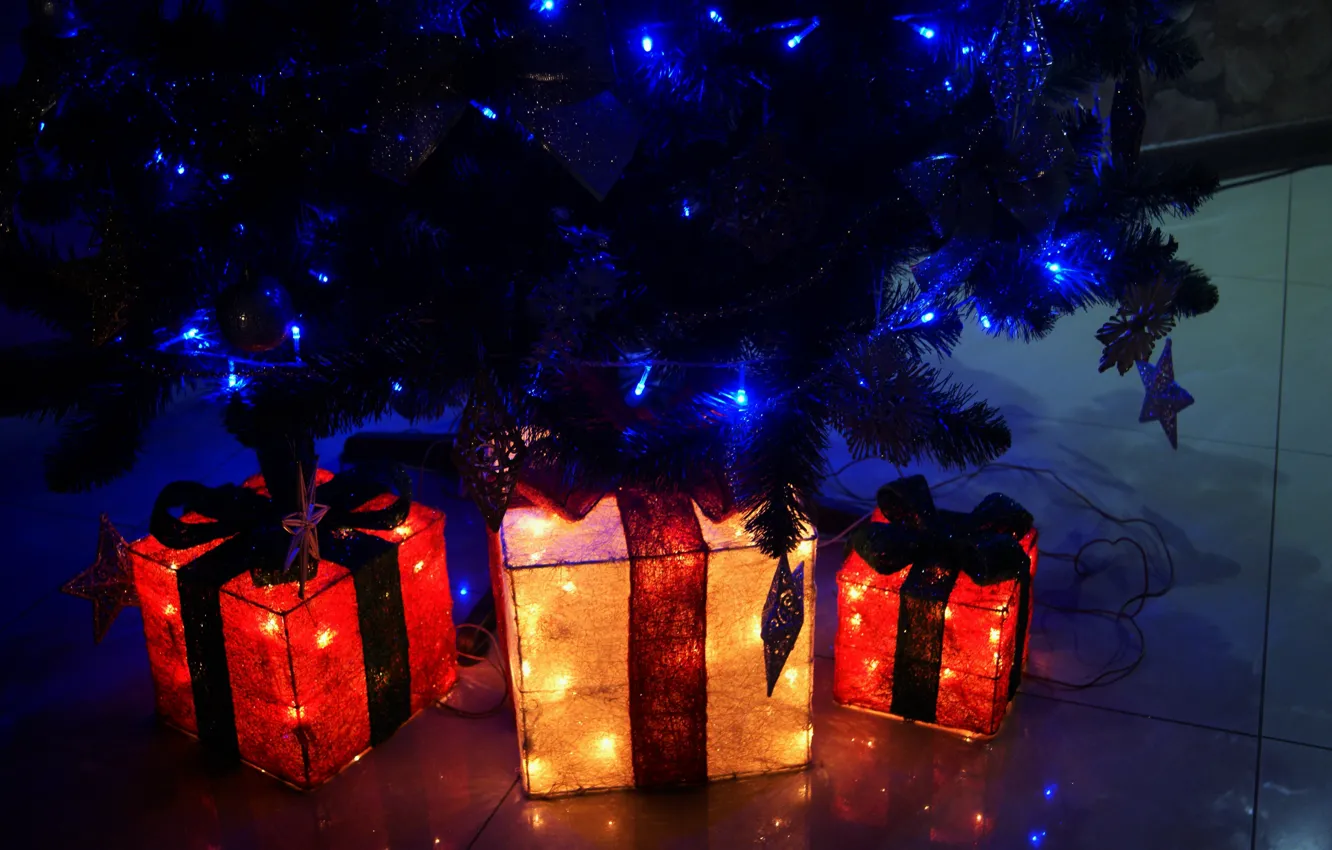 Photo wallpaper light, gift, tree, garland, quality, New Year, Christmas tree, presents