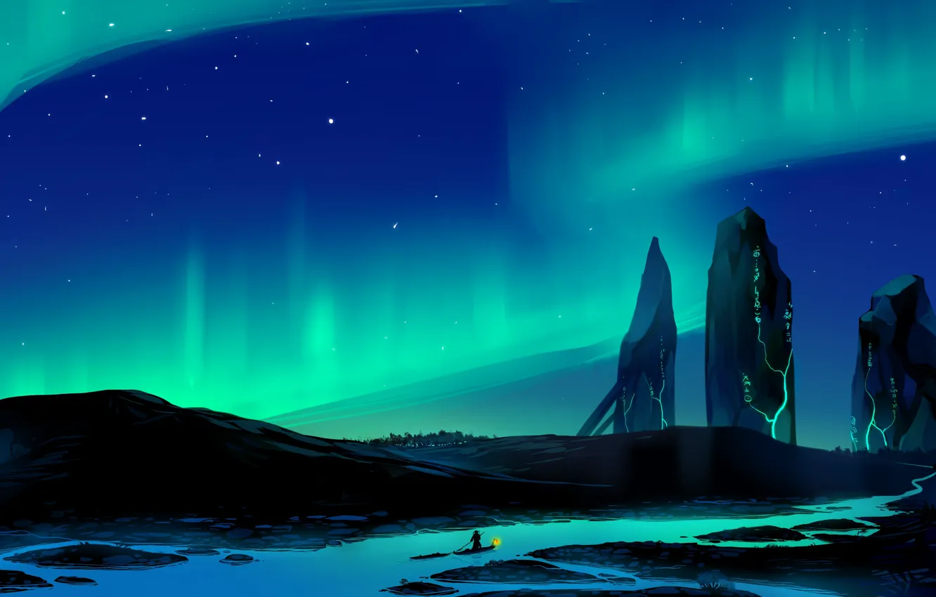 Photo wallpaper night, river, rocks, boat, Northern lights, lights