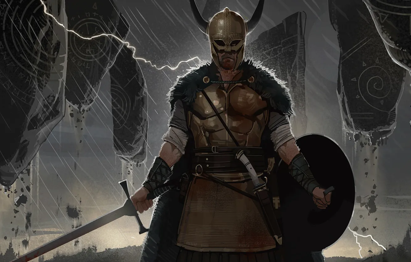 Photo wallpaper weapons, lightning, armor, Warrior, runes, Viking