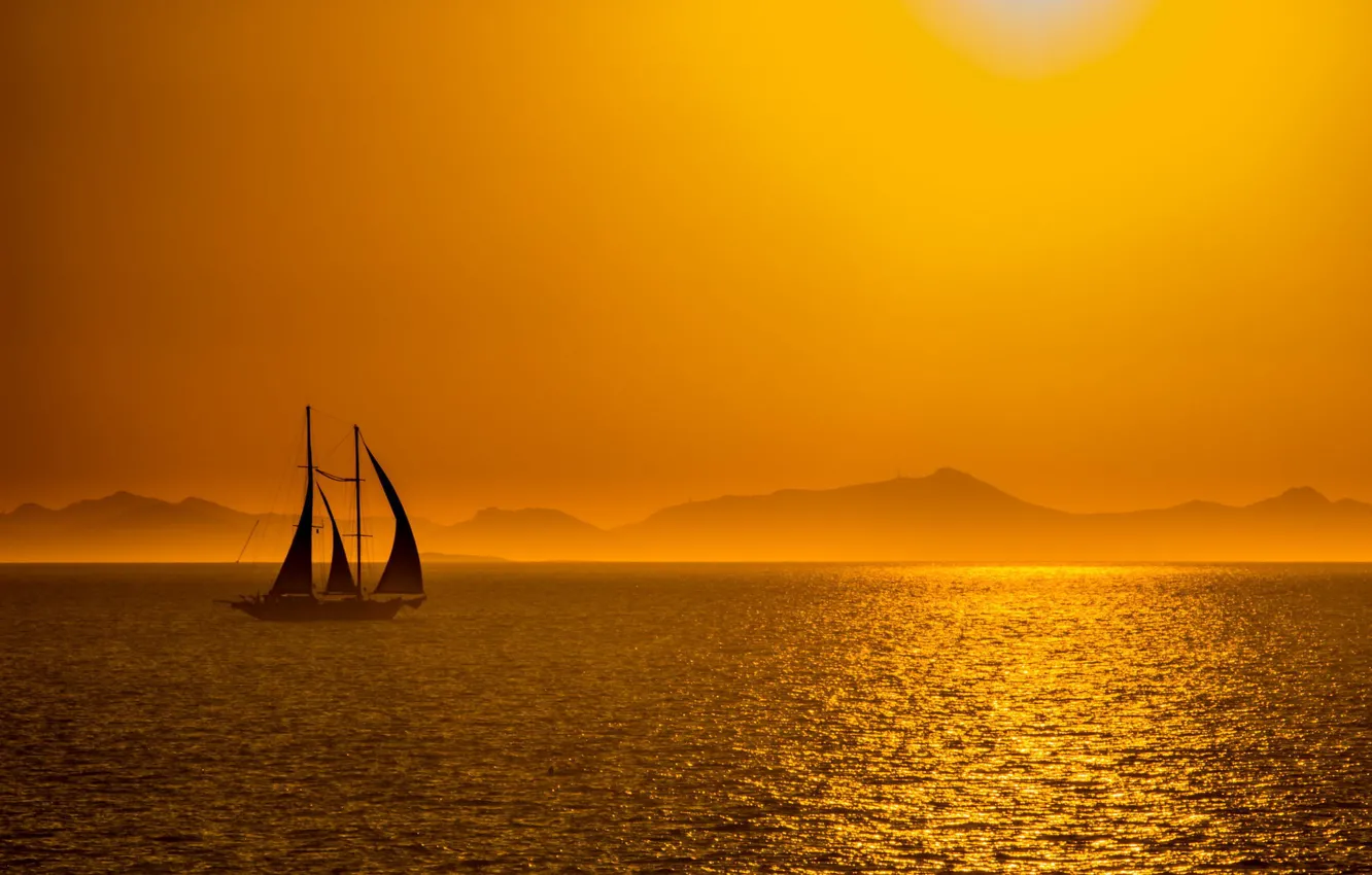 Photo wallpaper sea, landscape, sunset, yacht, silhouette