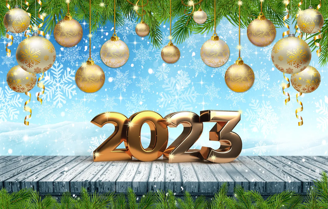 Photo wallpaper winter, snow, snowflakes, balls, new year, figures, metal, golden