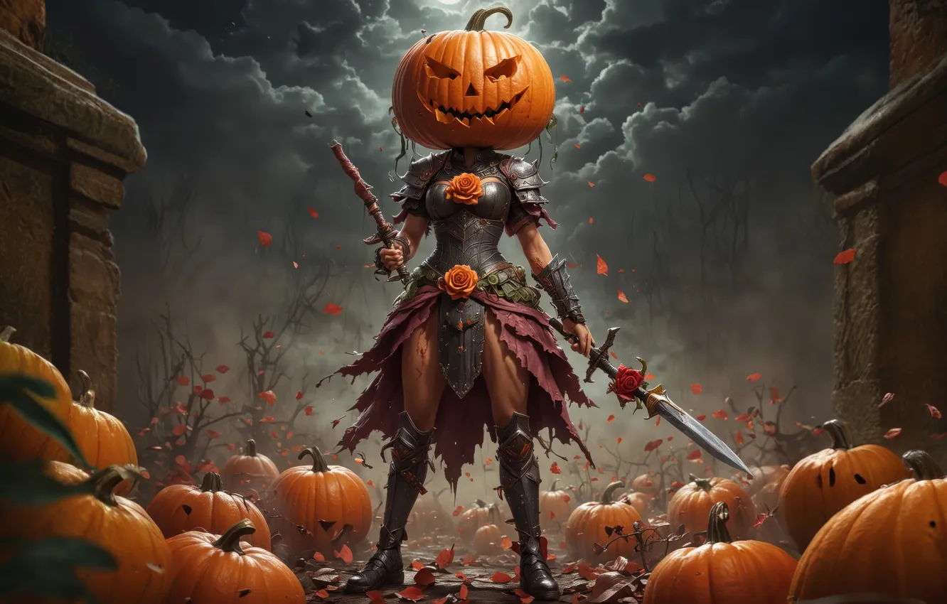 Photo wallpaper field, night, weapons, pumpkin, horror, Halloween, blade, digital art