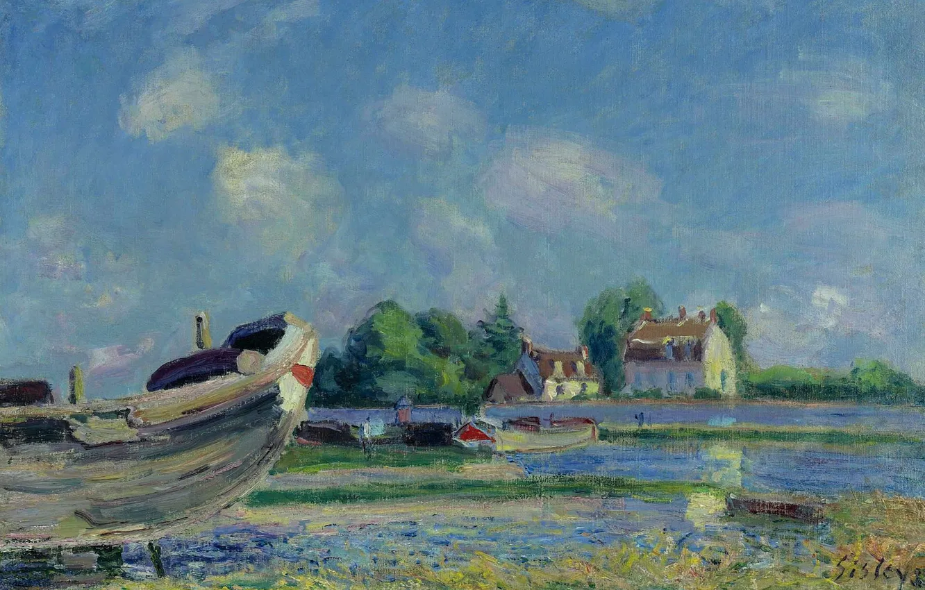 Photo wallpaper landscape, picture, Alfred Sisley, Alfred Sisley, Boats on Repair at Saint-Mames