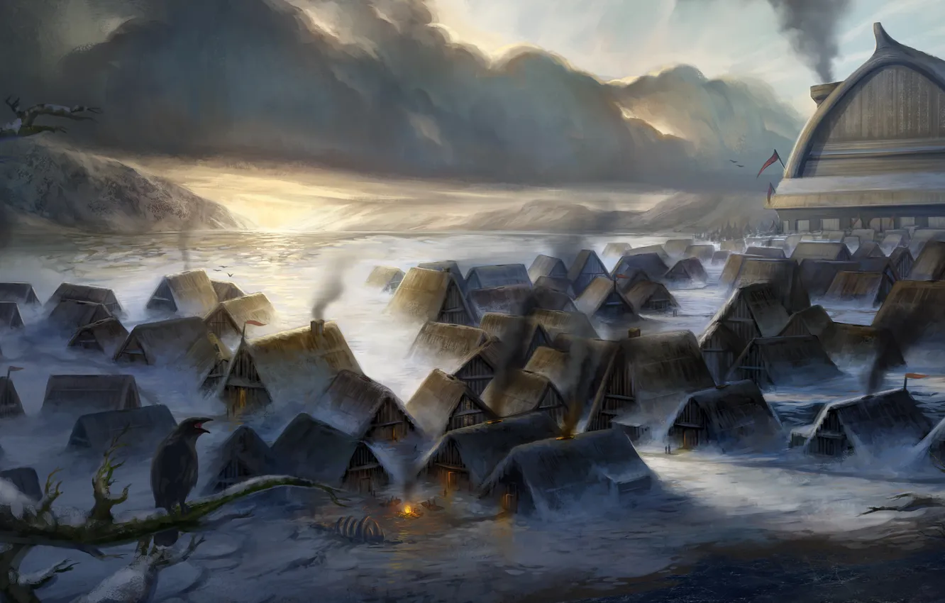Photo wallpaper cold, ice, snow, clouds, lake, smoke, home, village