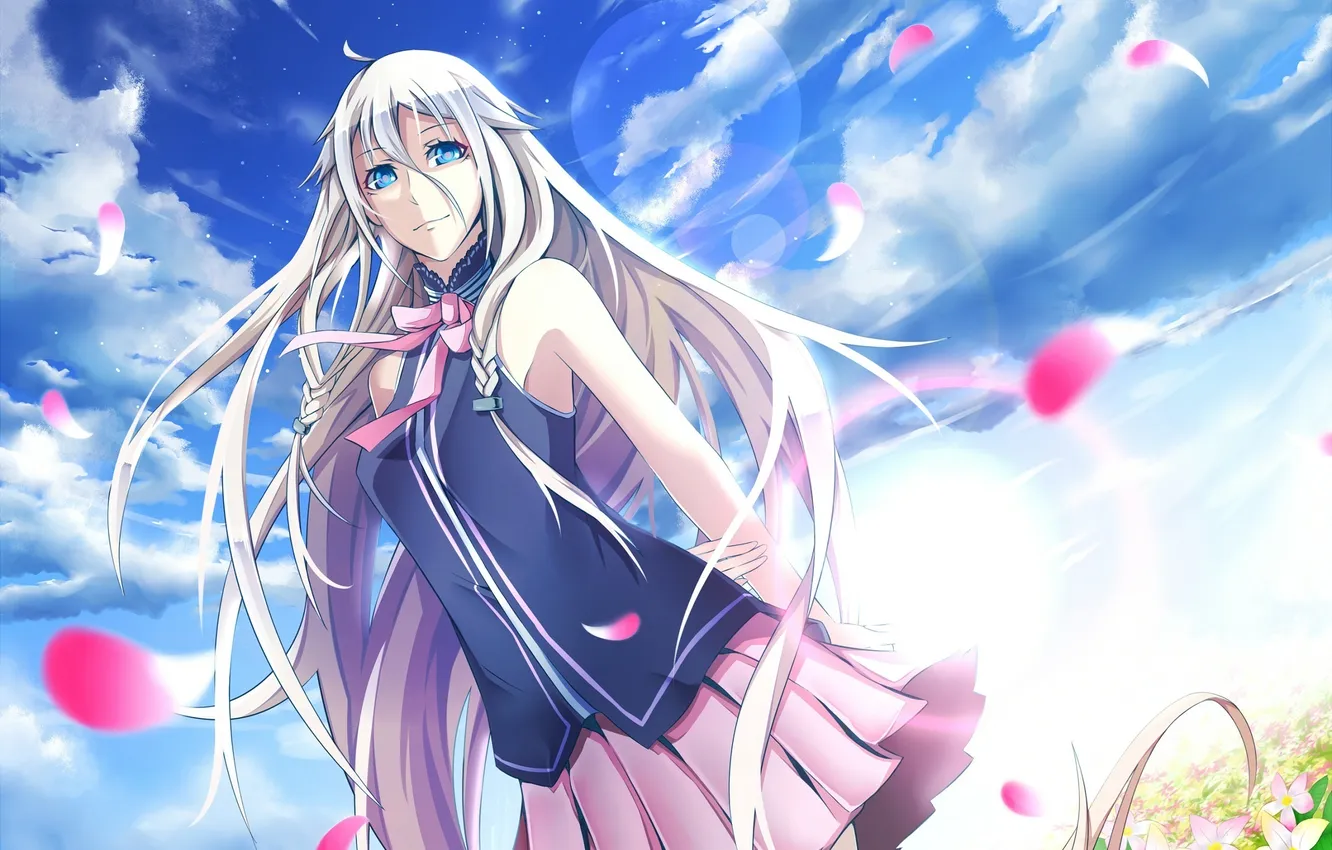 Photo wallpaper the sky, girl, clouds, flowers, nature, petals, art, braids