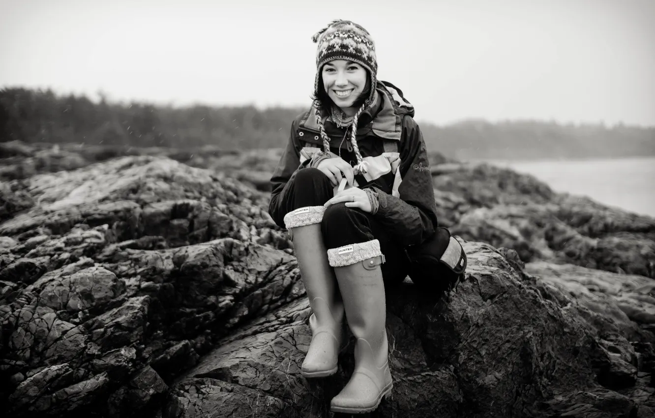 Photo wallpaper girl, smile, lake, rocks, hat, boots, lips, hood