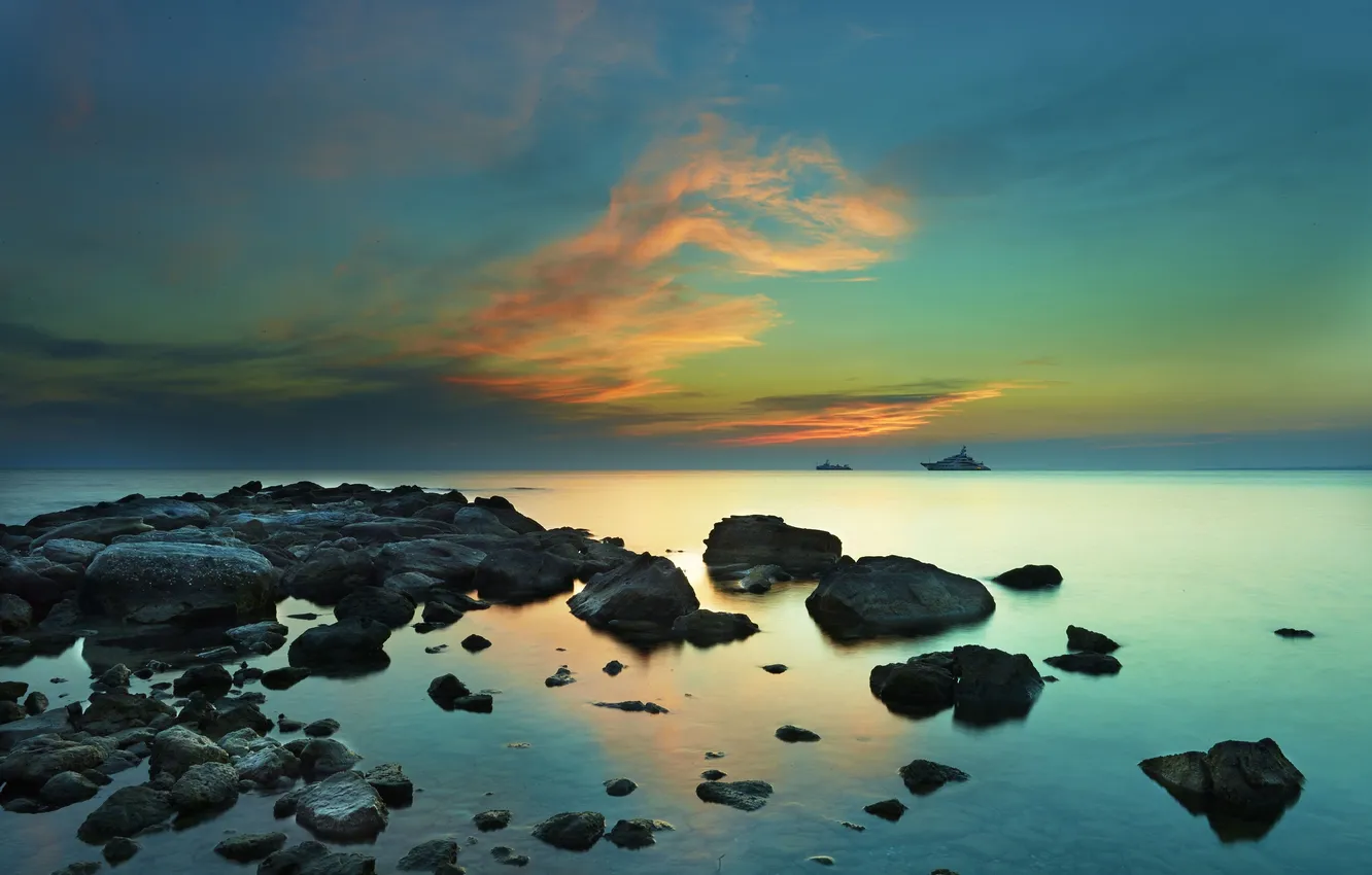 Photo wallpaper sea, sunset, ship