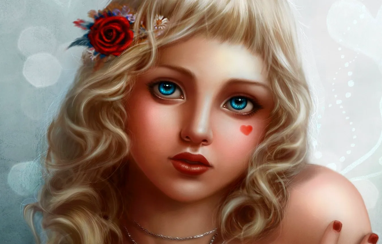 Photo wallpaper look, decoration, child, blonde, blue eyes, heart, rose in her hair, Bubbly Face