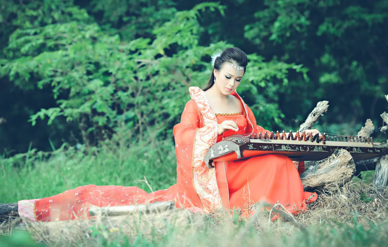 Photo wallpaper girl, music, Asian, instrument