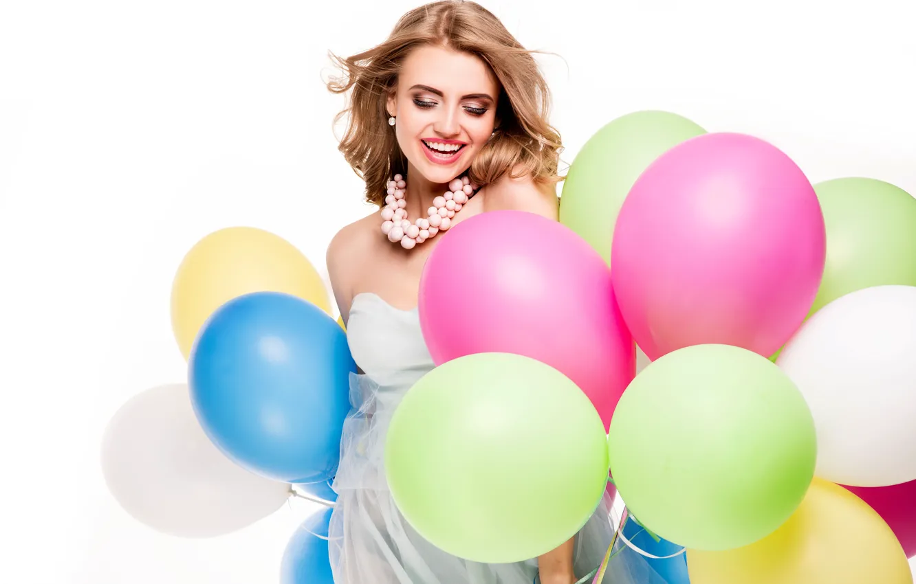 Photo wallpaper girl, smile, balloons, dress