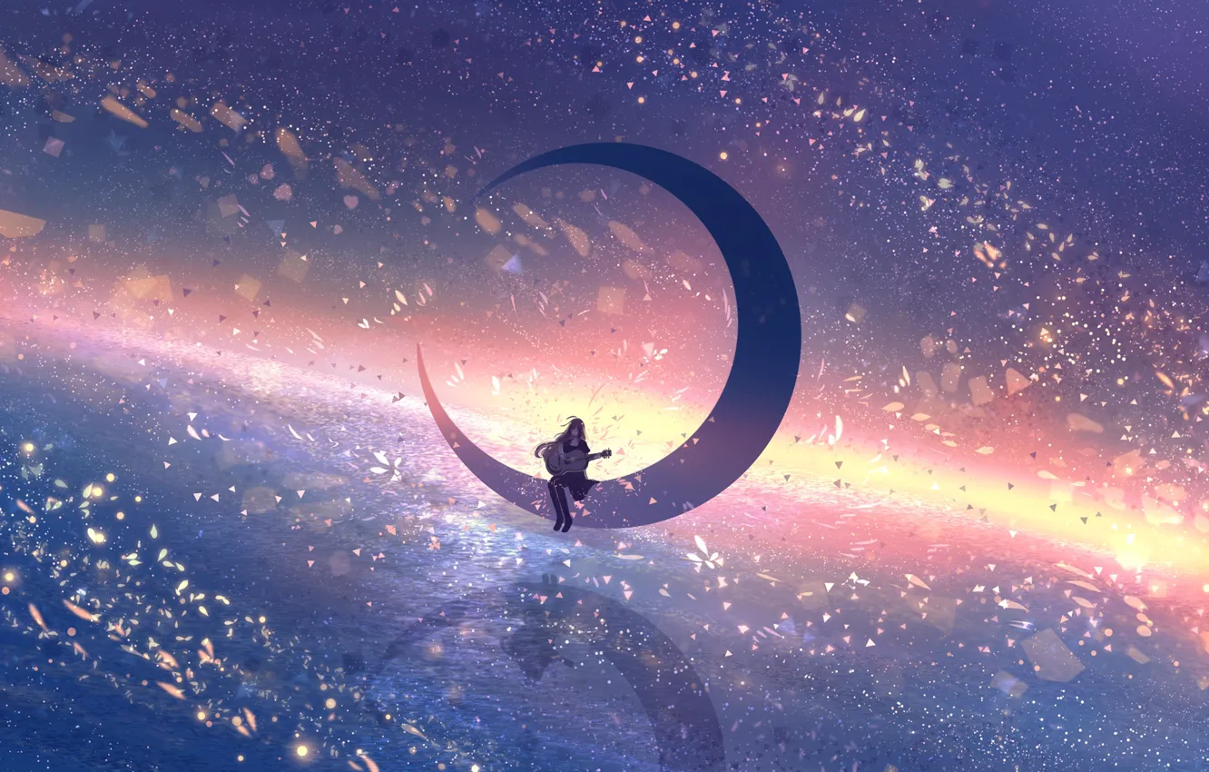 Photo wallpaper the sky, water, girl, night, guitar, Crescent, fatnasy